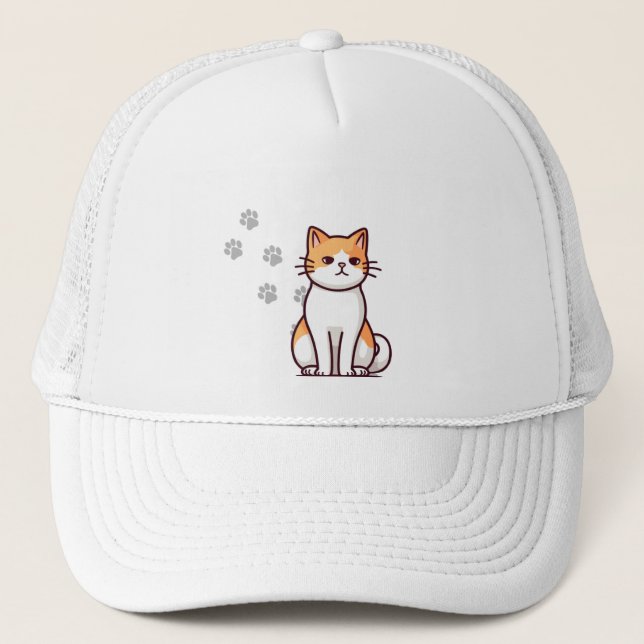 Adorable Cartoon Cat Trucker Hat with Paw Prints (Front)