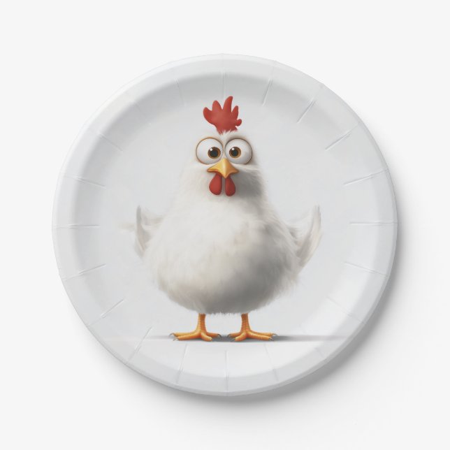 Adorable Cartoon Chicken with Fluffy White Feather Paper Plate (Front)