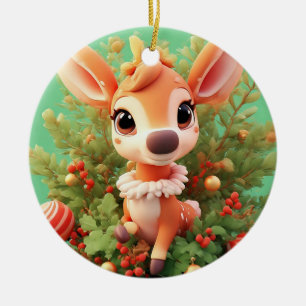 Adorable Cartoon Deer in a Festive Christmas Ceramic Ornament