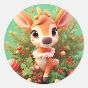 Adorable Cartoon Deer in a Festive Christmas Classic Round Sticker