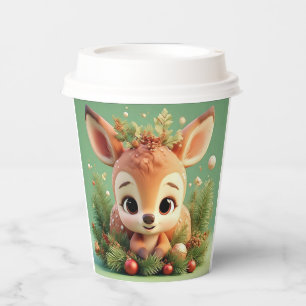 Adorable Cartoon Deer in a Festive Christmas Paper Cups