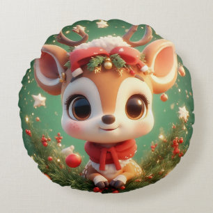 Adorable Cartoon Deer in a Festive Christmas Round Cushion