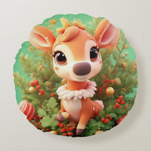 Adorable Cartoon Deer in a Festive Christmas Round Cushion