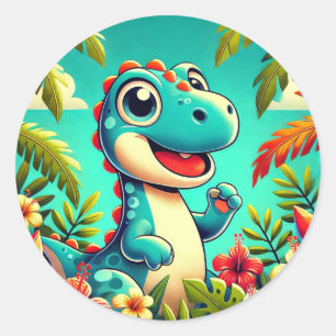 Adorable Cartoon Dinosaur Amidst Vibrant Tropical  Classic Round Sticker