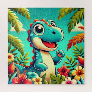 Adorable Cartoon Dinosaur Amidst Vibrant Tropical  Jigsaw Puzzle