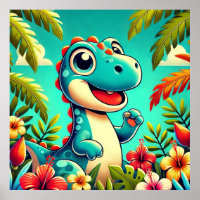 Adorable Cartoon Dinosaur Amidst Vibrant Tropical 