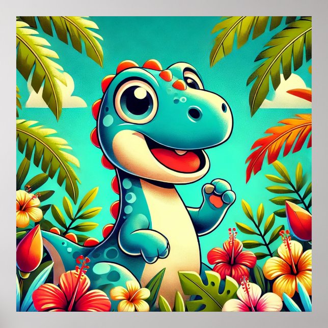Adorable Cartoon Dinosaur Amidst Vibrant Tropical  Poster (Front)