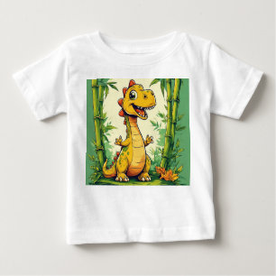 Adorable Cartoon Dinosaur in Lush Green Jungle Baby T-Shirt