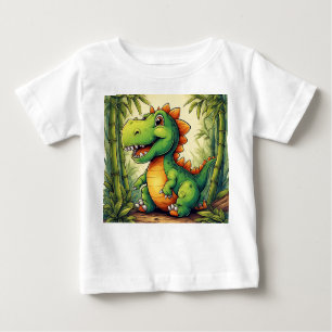 Adorable Cartoon Dinosaur in Lush Green Jungle Baby T-Shirt