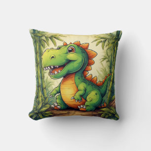 Adorable Cartoon Dinosaur in Lush Green Jungle Cushion