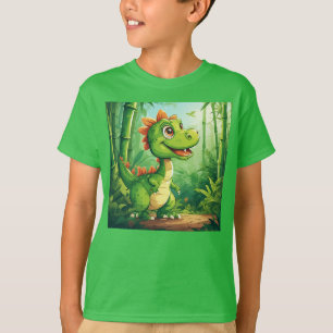 Adorable Cartoon Dinosaur in Lush Green Jungle T-Shirt