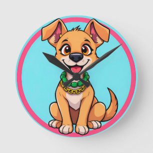 Adorable Cartoon Dog Smiling Cheerfully Round Clock