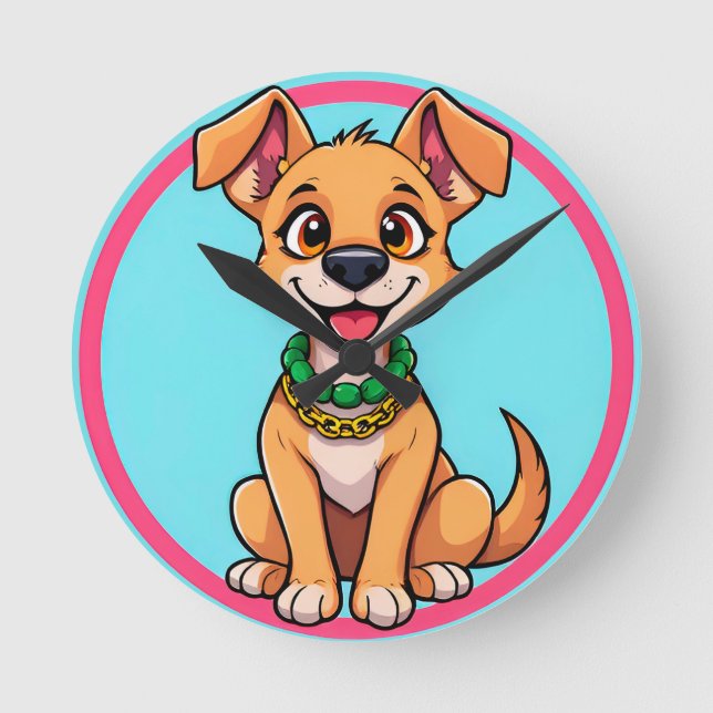 Adorable Cartoon Dog Smiling Cheerfully Round Clock (Front)