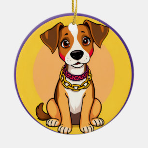 Adorable Cartoon Dog Wearing a Gold Chain Ceramic Ornament