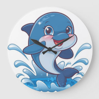 Adorable Cartoon Dolphin Splashing in Joy" Large Clock
