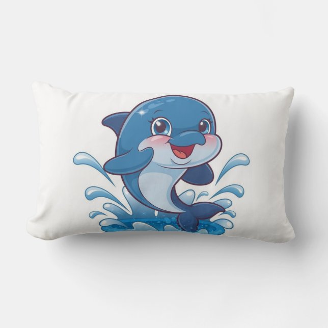 Adorable Cartoon Dolphin Splashing in Joy"  Lumbar Cushion (Front)