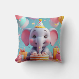 Adorable Cartoon Elephant Celebrating Birthday Cushion