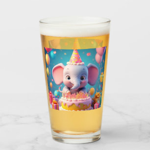 Adorable Cartoon Elephant Celebrating Birthday Glass