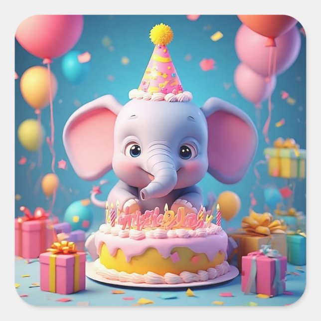 Adorable Cartoon Elephant Celebrating Birthday Square Sticker (Front)