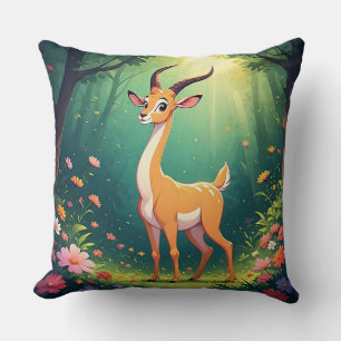 Adorable Cartoon Fawn by Vibrant Flowers Cushion