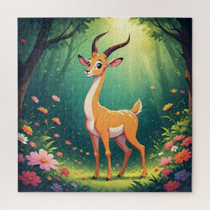 Adorable Cartoon Fawn by Vibrant Flowers Jigsaw Puzzle