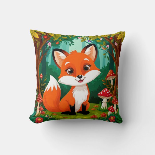 Adorable Cartoon Fox With Mushrooms Cushion (Front)