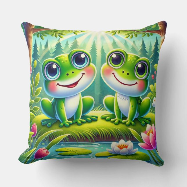 Adorable Cartoon Frogs Sitting on a Lily Pond Cushion (Front)