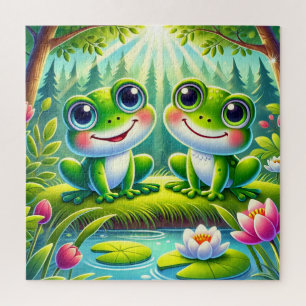 Adorable Cartoon Frogs Sitting on a Lily Pond Jigsaw Puzzle
