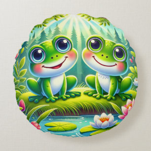 Adorable Cartoon Frogs Sitting on a Lily Pond Round Cushion