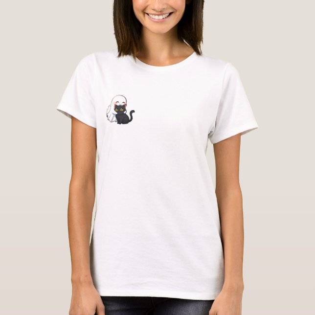 Adorable Cartoon Ghost Hugging Cute Black Cat T-Shirt (Front)