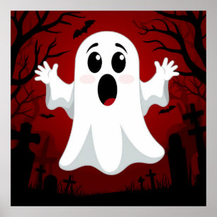 Adorable Cartoon Ghost in Spooky Halloween Poster