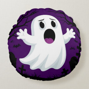 Adorable Cartoon Ghost in Spooky Halloween Round Cushion