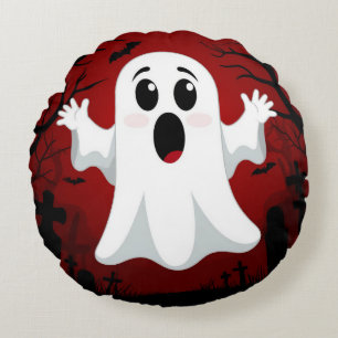 Adorable Cartoon Ghost in Spooky Halloween Round Cushion