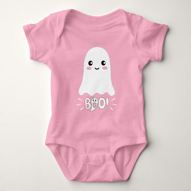 Adorable Cartoon Ghost Saying BOO Baby Bodysuit (Front)