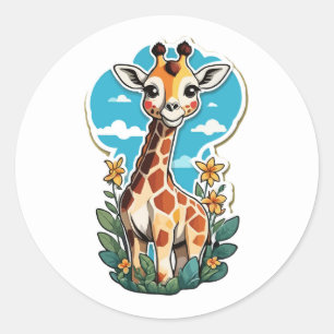 Adorable Cartoon Giraffe with Tropical Flowers Classic Round Sticker