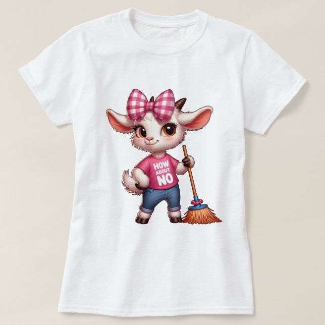 Adorable Cartoon Goat With Bow and Broom  T-Shirt (Design Front)