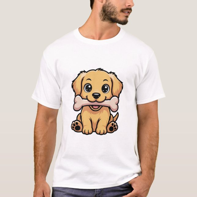 Adorable Cartoon Golden Retriever Puppy Holding T-Shirt (Front)