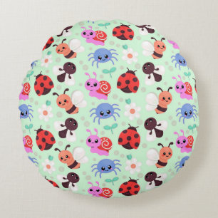 Adorable Cartoon Insects and Flowers Round Cushion