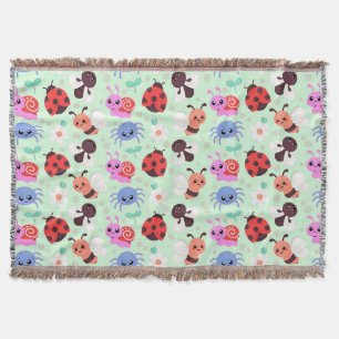 Adorable Cartoon Insects and Flowers Throw Blanket