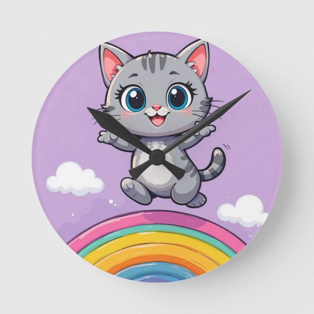 Adorable Cartoon Kitten Jumping Joyfully Round Clock (Front)
