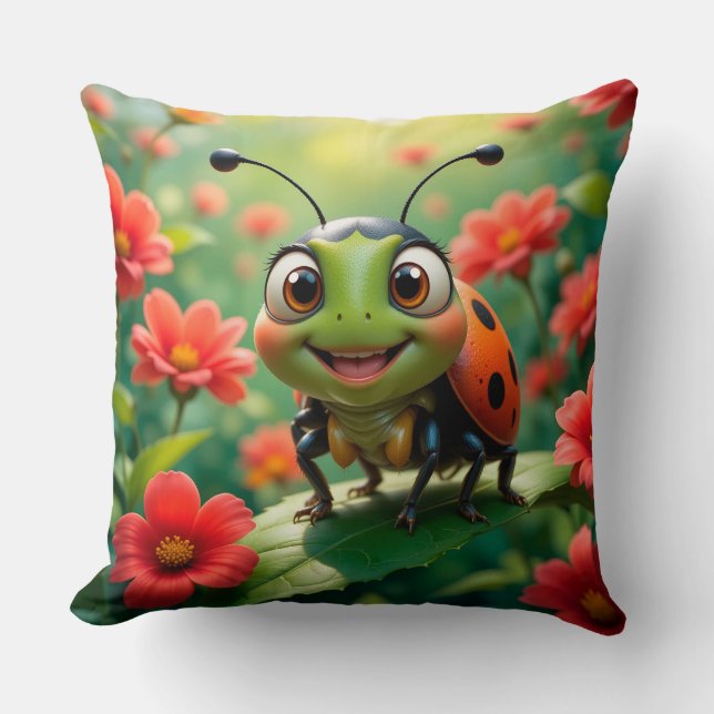 Adorable Cartoon Ladybug on a Leaf Cushion (Front)