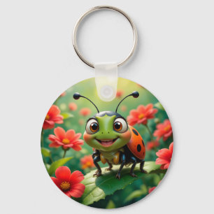 Adorable Cartoon Ladybug on a Leaf Key Ring