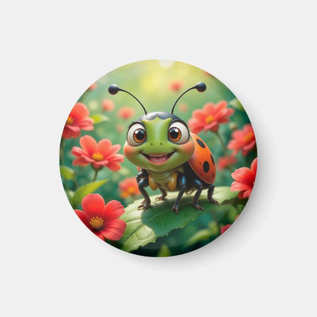 Adorable Cartoon Ladybug on a Leaf Magnet (Front)