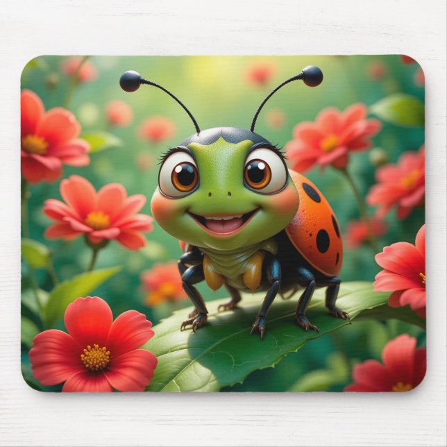 Adorable Cartoon Ladybug on a Leaf Mouse Pad (Front)