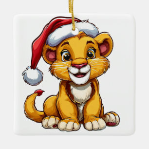 Adorable Cartoon Lion Cub Wearing a Santa Hat Ceramic Ornament