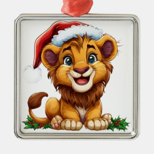 Adorable Cartoon Lion Cub Wearing a Santa Hat Metal Ornament