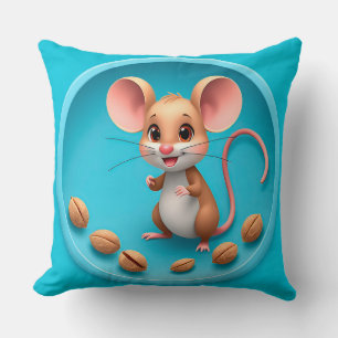 Adorable Cartoon Mouse Among Cracked Nuts Cushion