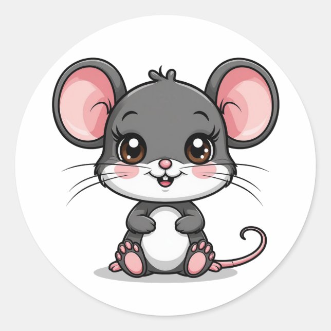 Adorable Cartoon Mouse with Big Ears Classic Round Sticker (Front)