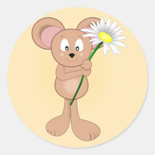 Adorable Cartoon Mouse with Flower Classic Round Sticker
