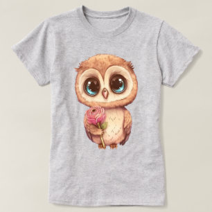 Adorable Cartoon Owl Holding Pink Rose  T-Shirt